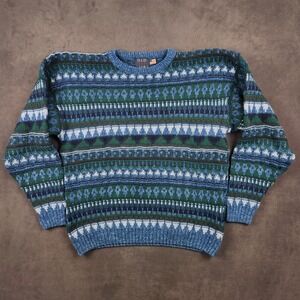 Vintage OLD GLORY Sweater Mens XL Blue Green Fair Isle Knit Cotton Made in USA